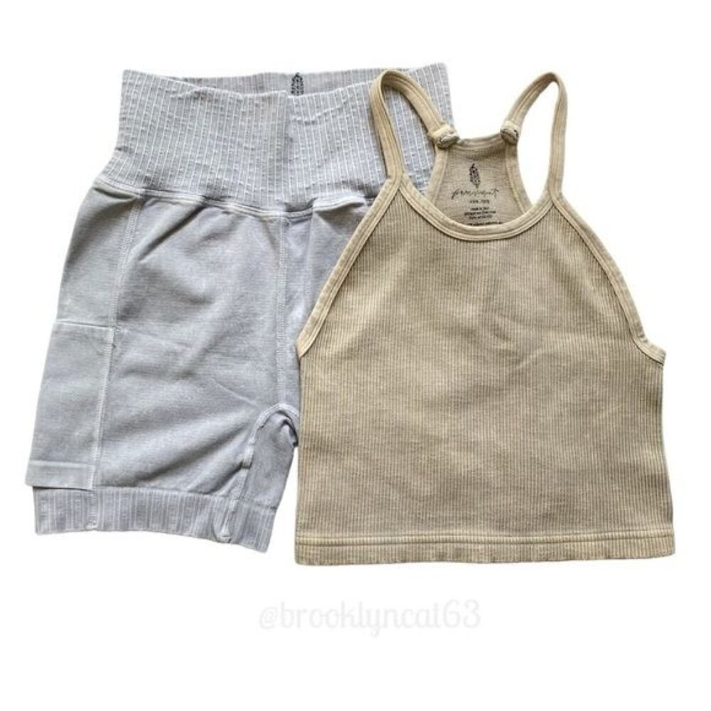 FREE PEOPLE GOOD KARMA TENNIS SHORTS HAPPINESS RUNS CROP TOP SET GREY TAN